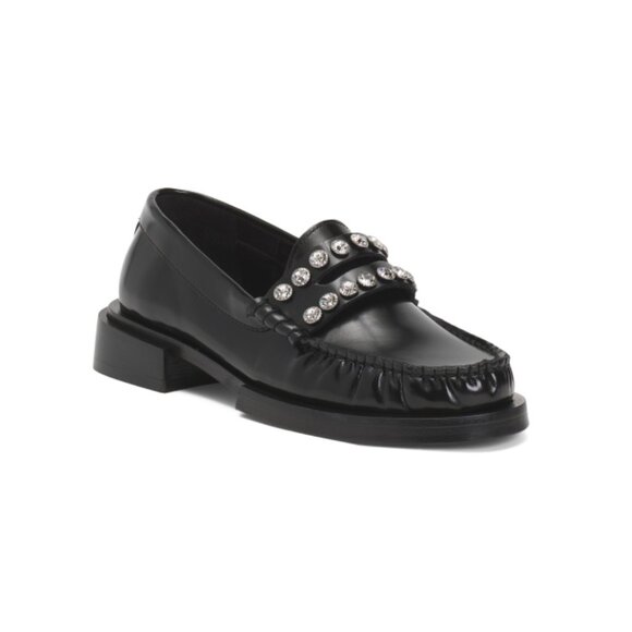 SANDRO NOIR Made In Portugal Leather Rhinestone Studded Loafers - Picture 1 of 2